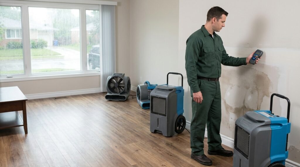 Water restoration technician using drying equipment